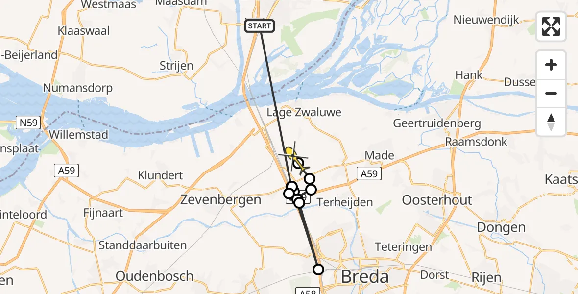 Routekaart van de vlucht: Politiehelikopter naar Zevenbergschen Hoek, De Langeweg