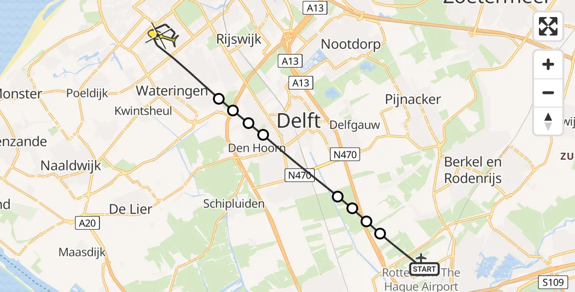 Routekaart van de vlucht: Lifeliner 2 naar Den Haag, Hofweg