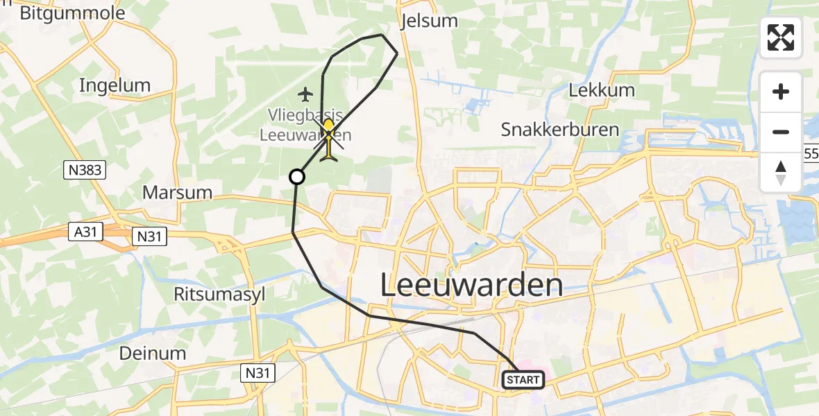 Routekaart van de vlucht: Ambulancehelikopter naar Vliegbasis Leeuwarden, Nieuwe Hollanderdijk