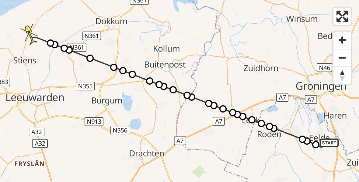 Routekaart van de vlucht: Lifeliner 4 naar Hallum, Veldkampweg