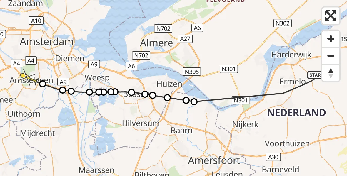 Routekaart van de vlucht: Politiehelikopter naar Amstelveen, Flevoweg