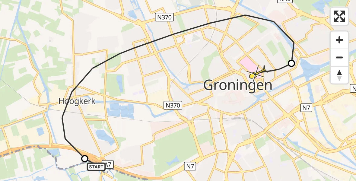 Routekaart van de vlucht: Lifeliner 4 naar Universitair Medisch Centrum Groningen, H.N. Werkmanstraat