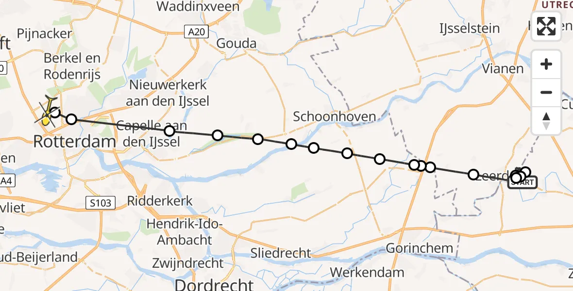 Routekaart van de vlucht: Politiehelikopter naar Rotterdam The Hague Airport, Gildenstraat