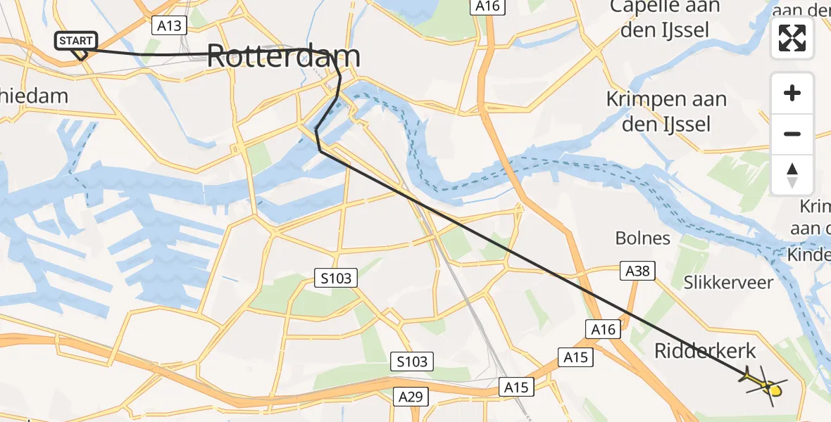 Routekaart van de vlucht: Politiehelikopter naar Ridderkerk, Matlingeweg