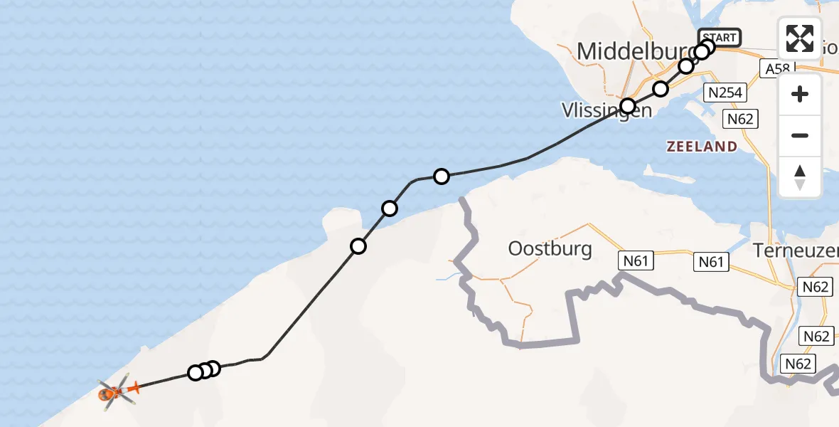Vluchtroute Kustwachthelikopter Vliegveld Midden-Zeeland - , 31 juli 2025, 14:01