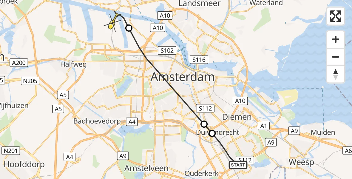 Routekaart van de vlucht: Lifeliner 1 naar Amsterdam Heliport, Burgemeester Stramanweg
