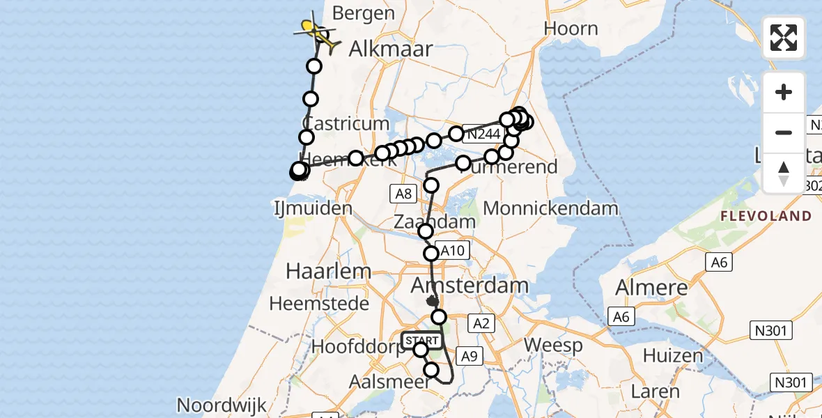 Routekaart van de vlucht: Politieheli naar Bergen aan Zee, Mr. Jac. Takkade