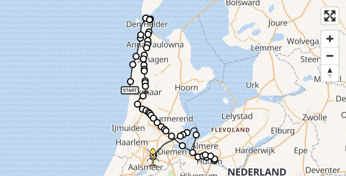 Routekaart van de vlucht: Politiehelikopter naar Schiphol, Nude Beach -Bergen aan Zee