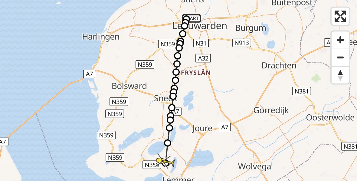 Routekaart van de vlucht: Ambulancehelikopter naar Lemmer, Keegsdijkje