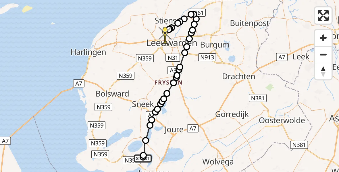 Routekaart van de vlucht: Ambulancehelikopter naar Vliegbasis Leeuwarden, Gaestdyk