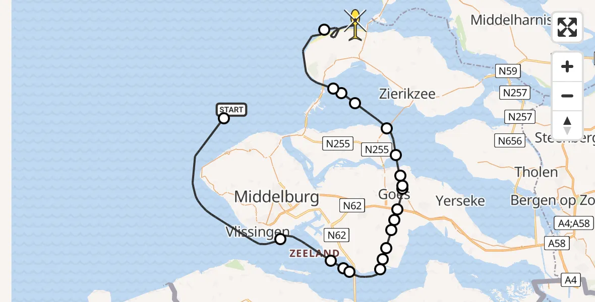 Routekaart van de vlucht: Politieheli naar Renesse, Roompot