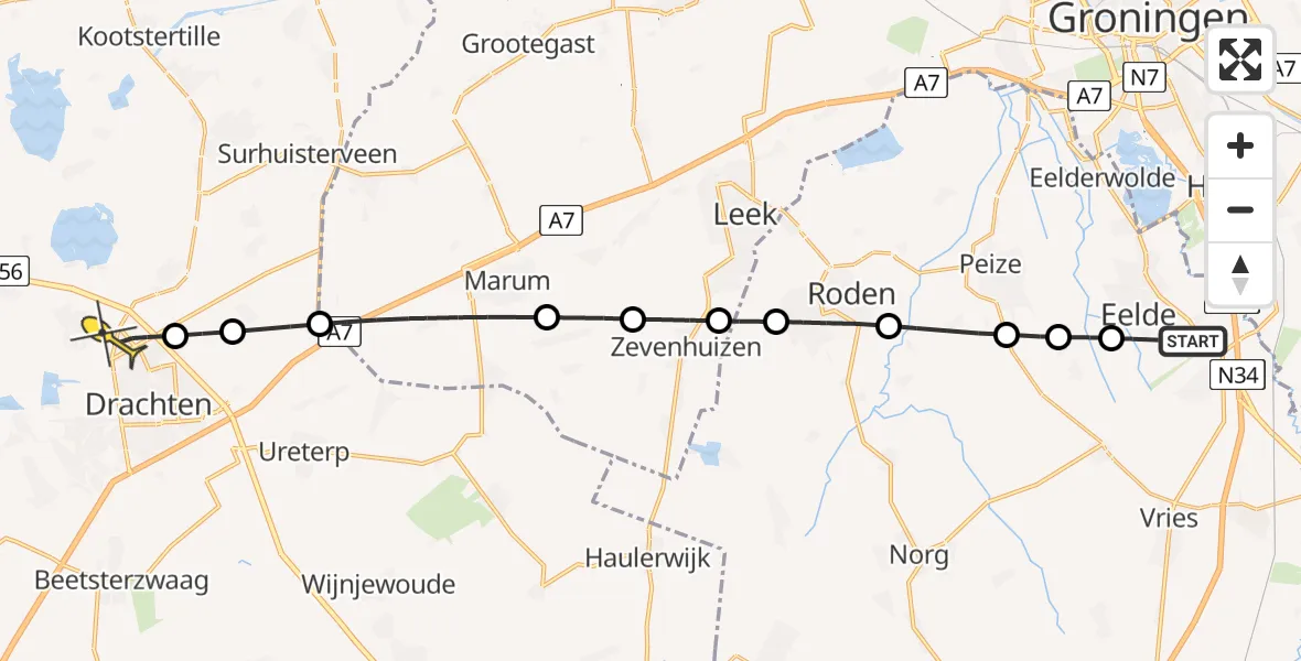 Routekaart van de vlucht: Lifeliner 4 naar Drachten, Oosterloop
