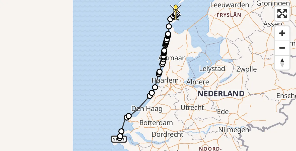 Routekaart van de vlucht: Politiehelikopter naar Texel International Airport, Brouwersdam buitenzijde