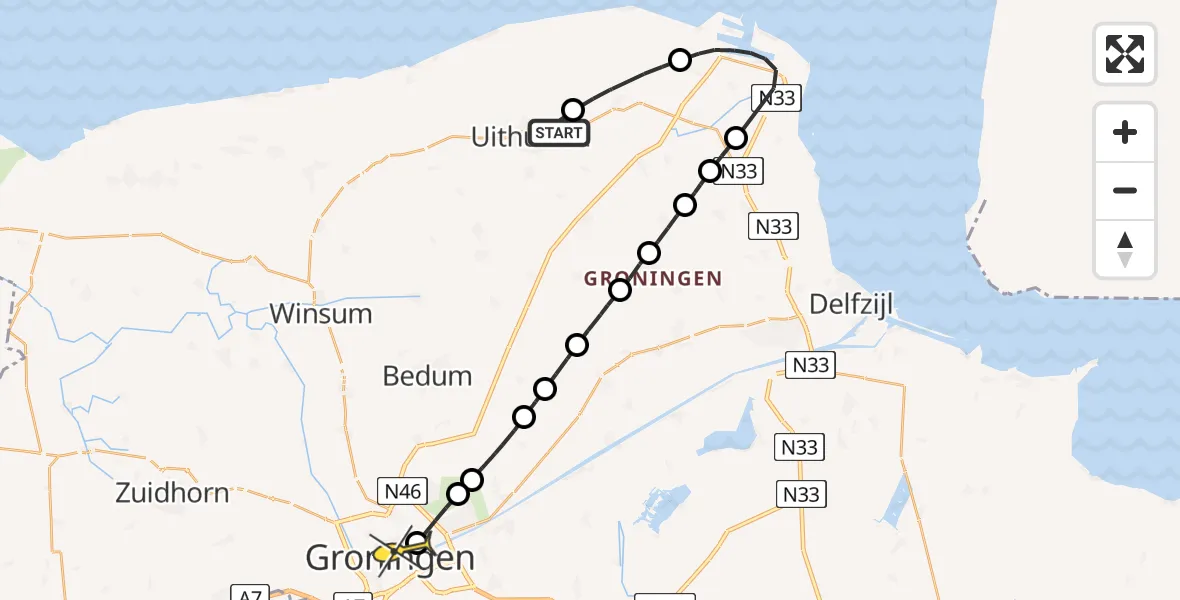 Routekaart van de vlucht: Lifeliner 4 naar Universitair Medisch Centrum Groningen, Taeckemalaan