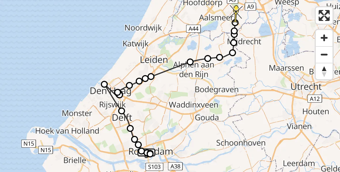 Routekaart van de vlucht: Politieheli naar Amstelveen, Aert van Nesstraat