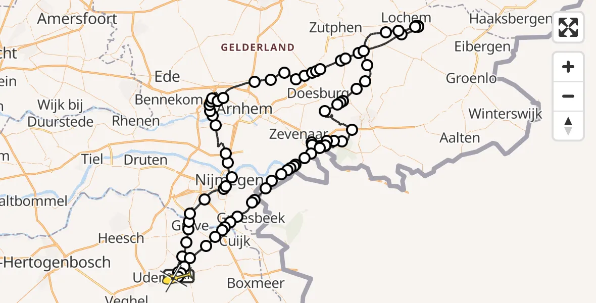 Vluchtroute Politiehelikopter van Vliegbasis Volkel naar Vliegbasis Volkel