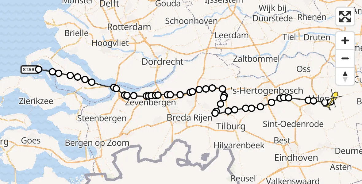 Routekaart van de vlucht: Politiehelikopter naar Vliegbasis Volkel, Hompelvoet