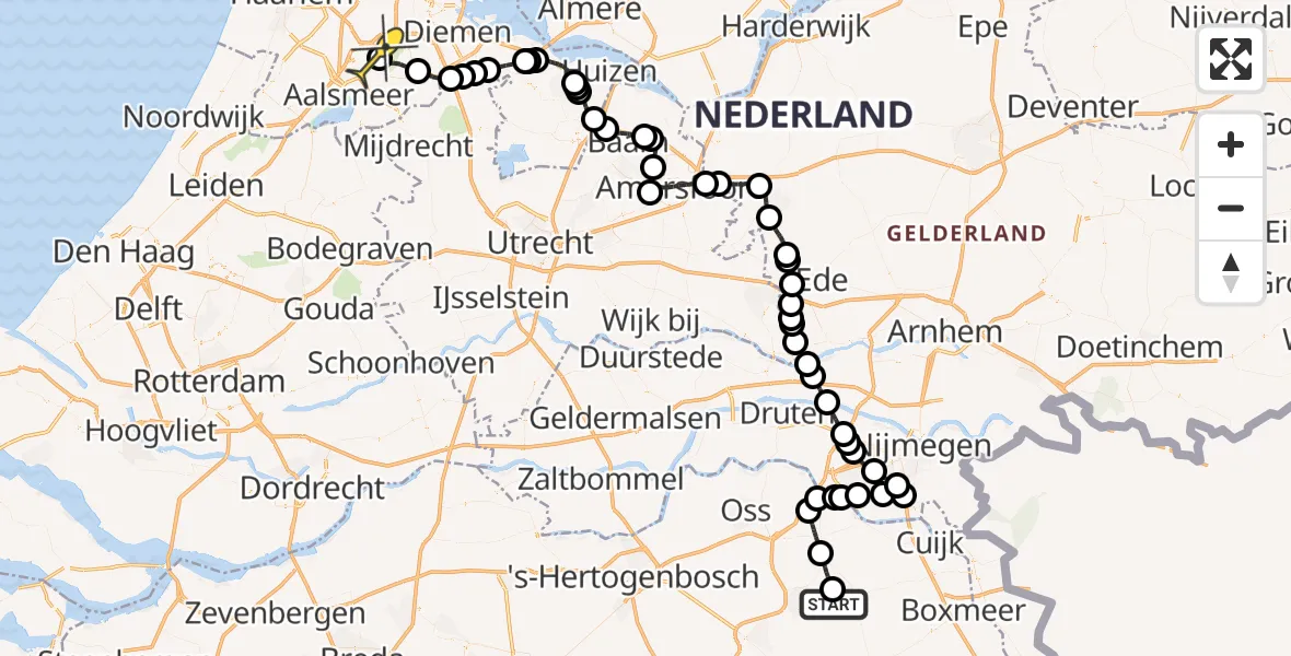 Vluchtroute Politiehelikopter van Vliegbasis Volkel naar Schiphol