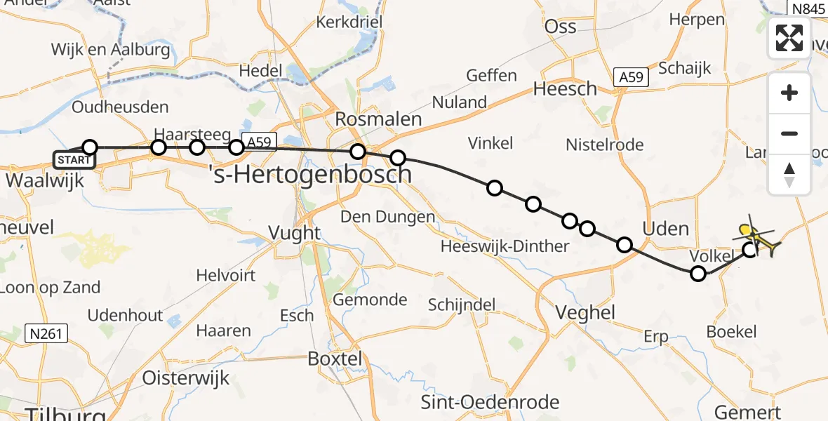 Routekaart van de vlucht: Lifeliner 3 naar Vliegbasis Volkel, Gaswinlocatie Waalwijk Oost