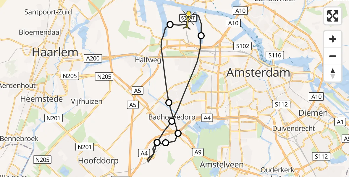 Routekaart van de vlucht: Lifeliner 1 naar Amsterdam Heliport, Westhavenweg