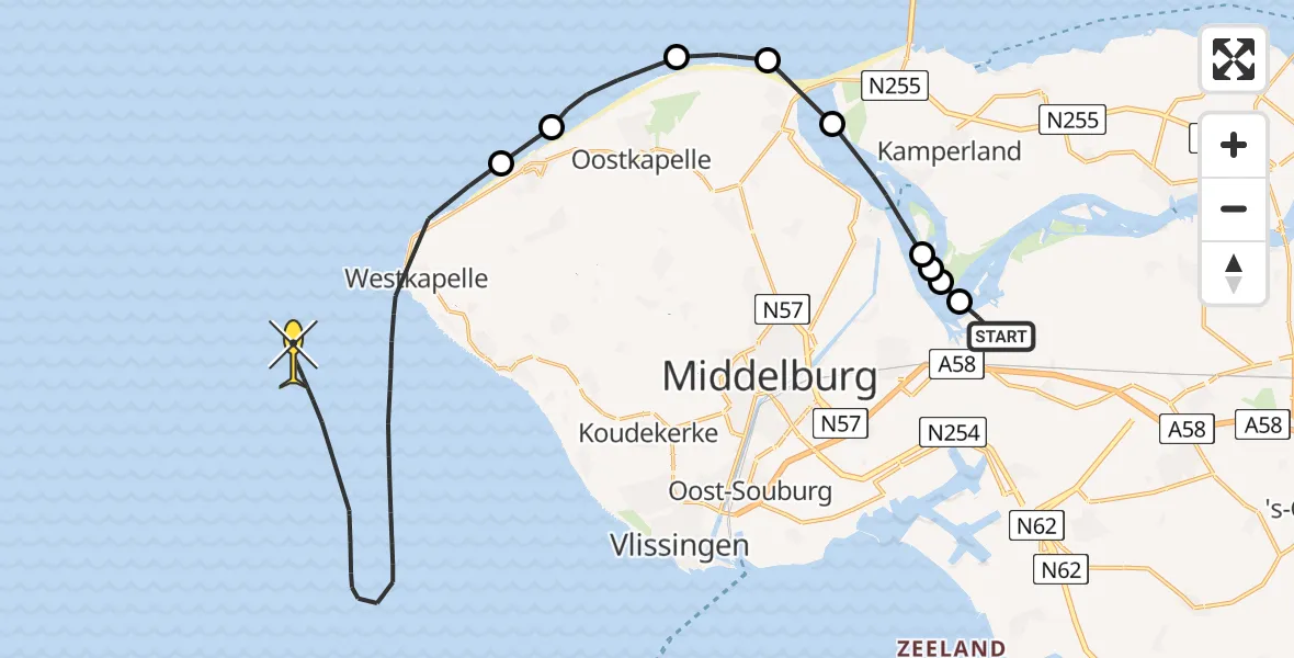 Routekaart van de vlucht: Kustwachthelikopter naar Vlissingen, Calandweg