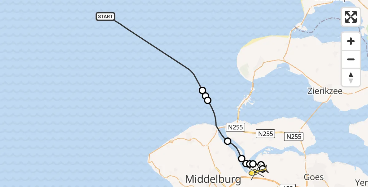 Routekaart van de vlucht: Kustwachthelikopter naar Vliegveld Midden-Zeeland, Calandweg