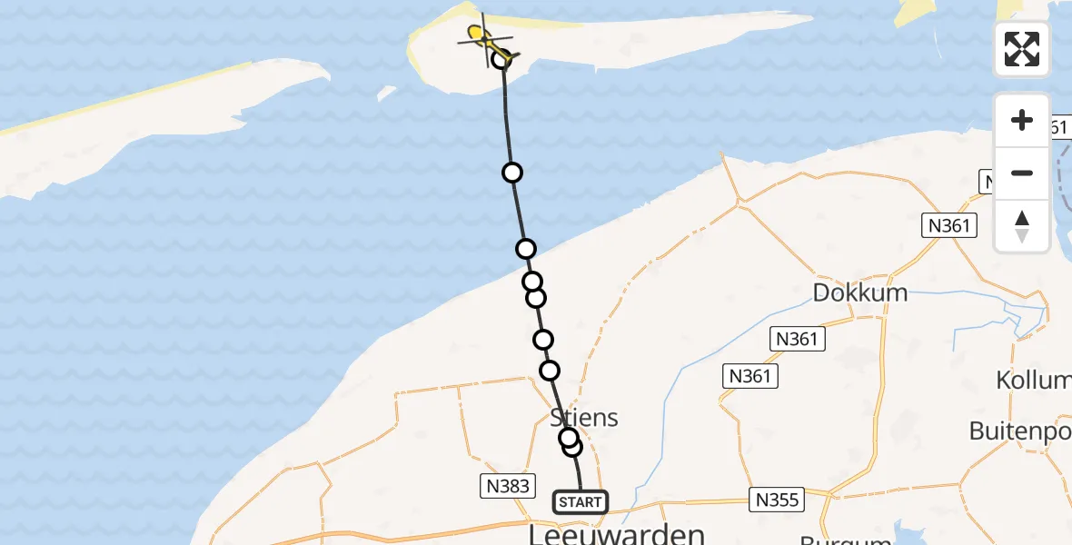 Routekaart van de vlucht: Ambulancehelikopter naar Ameland Airport Ballum, Keegsdijkje