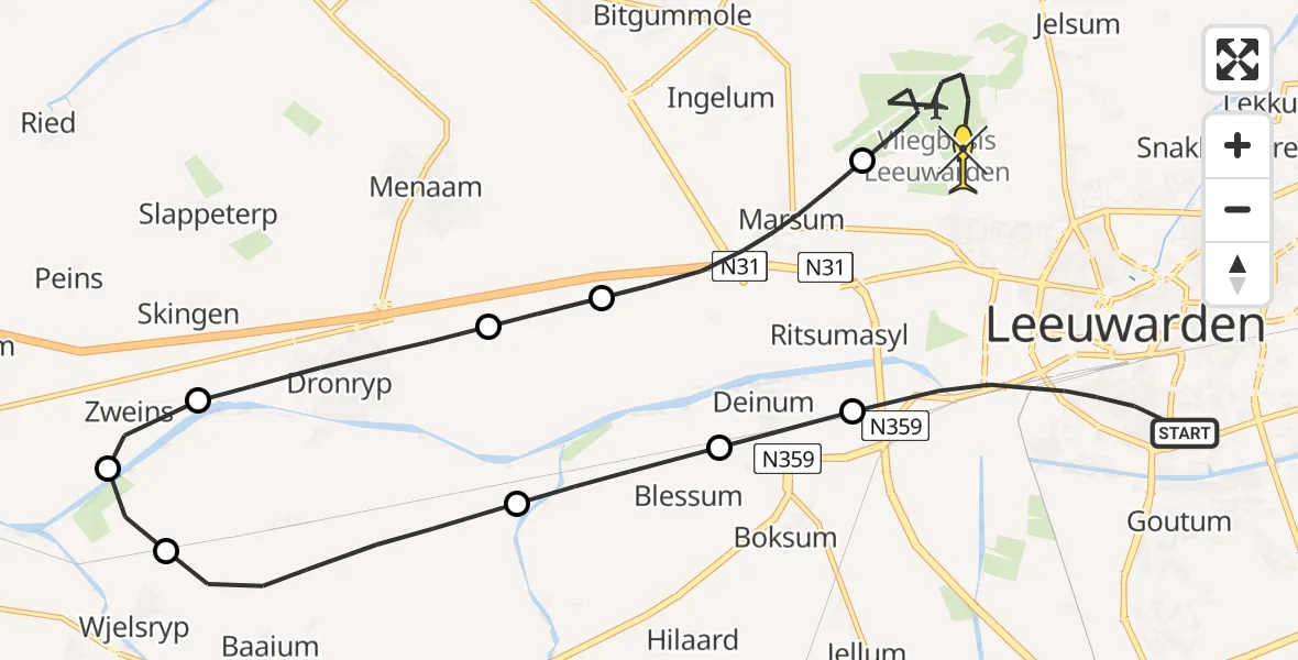 Routekaart van de vlucht: Ambulanceheli naar Vliegbasis Leeuwarden, Jan van Scorelstraat