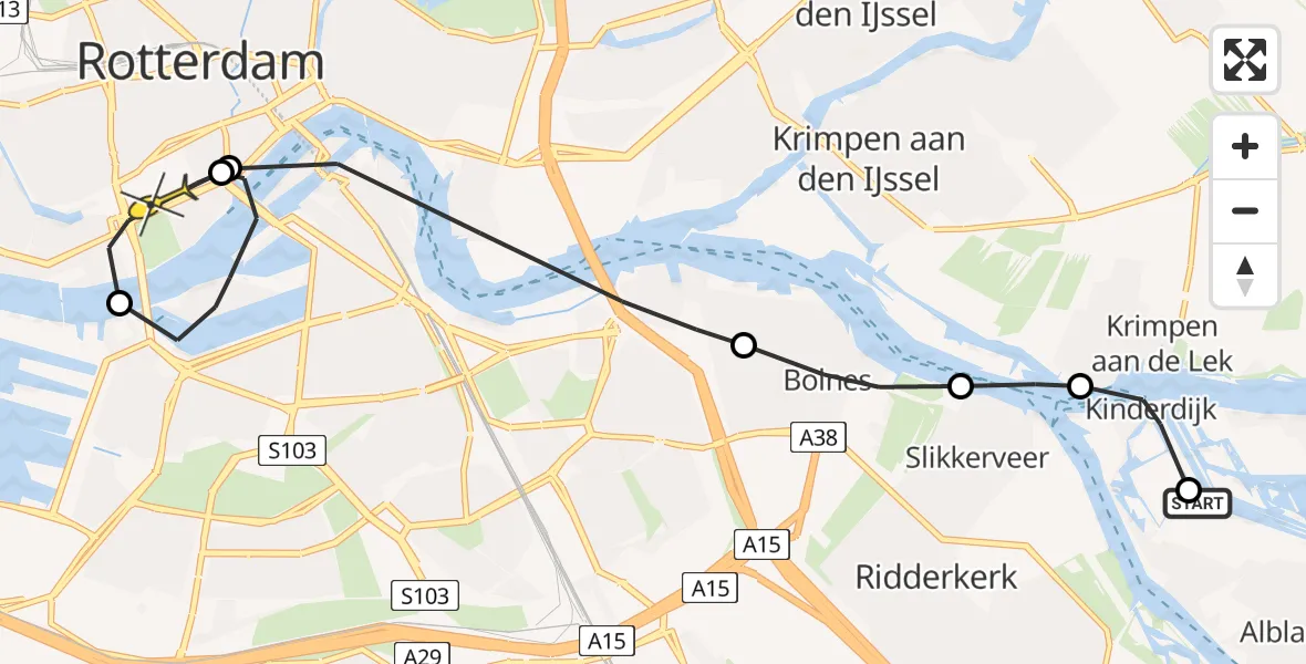 Routekaart van de vlucht: Lifeliner 1 naar Erasmus MC, Molenstraat