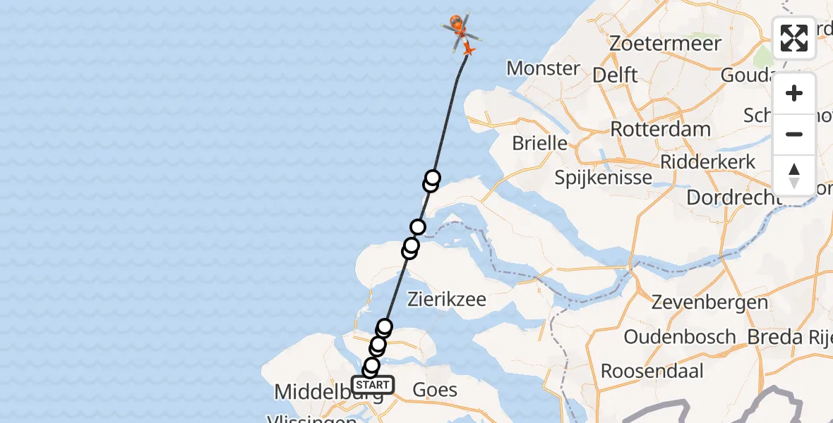 Vluchtroute Kustwachthelikopter Vliegveld Midden-Zeeland - , 02 augustus 2025, 21:47