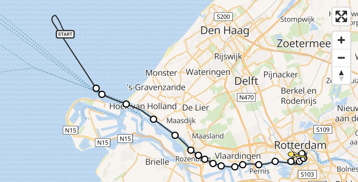 Routekaart van de vlucht: Kustwachthelikopter naar Erasmus MC, Westzeedijk
