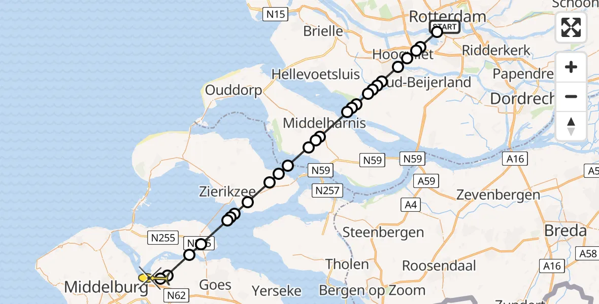Routekaart van de vlucht: Kustwachthelikopter naar Vliegveld Midden-Zeeland, Schiehavenkade