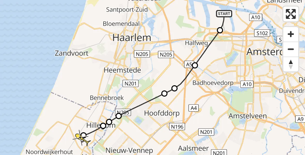 Routekaart van de vlucht: Lifeliner 1 naar Lisse, Nieuw-Zeelandweg