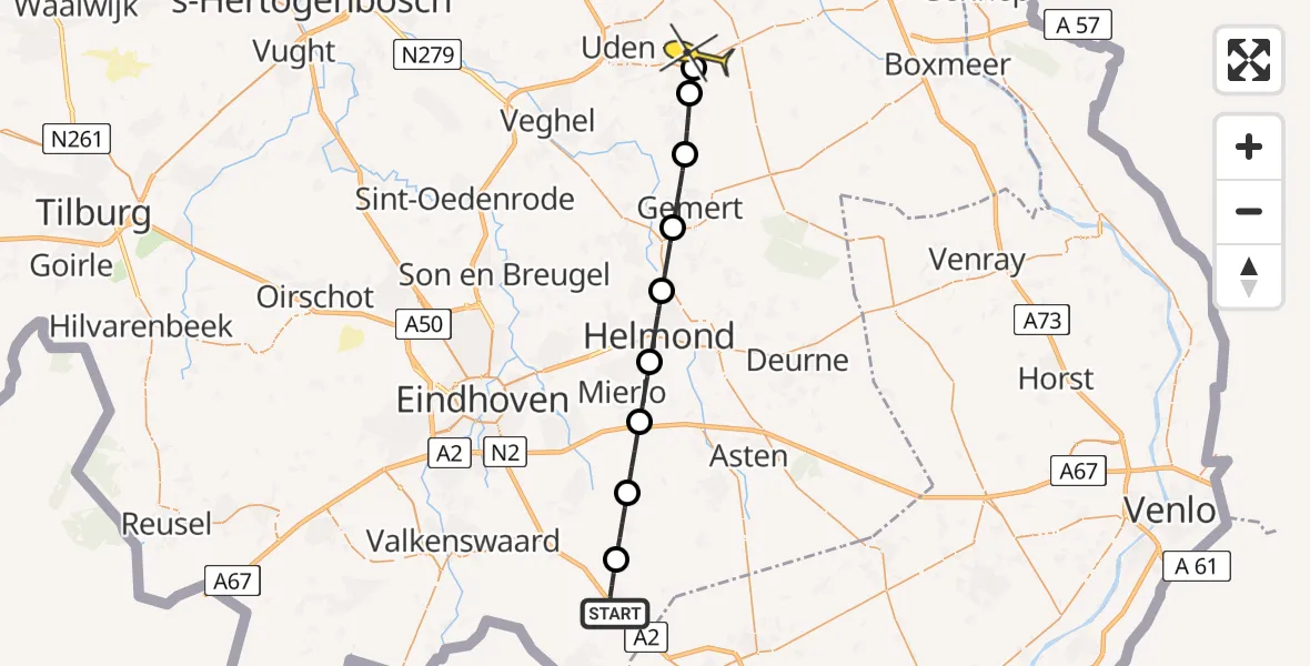 Routekaart van de vlucht: Lifeliner 3 naar Vliegbasis Volkel, Drie Eikenstraat