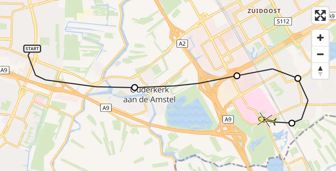 Routekaart van de vlucht: Lifeliner 2 naar Academisch Medisch Centrum (AMC), Fideliolaan