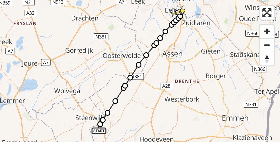 Routekaart van de vlucht: Lifeliner 4 naar Groningen Airport Eelde, Bramenweg