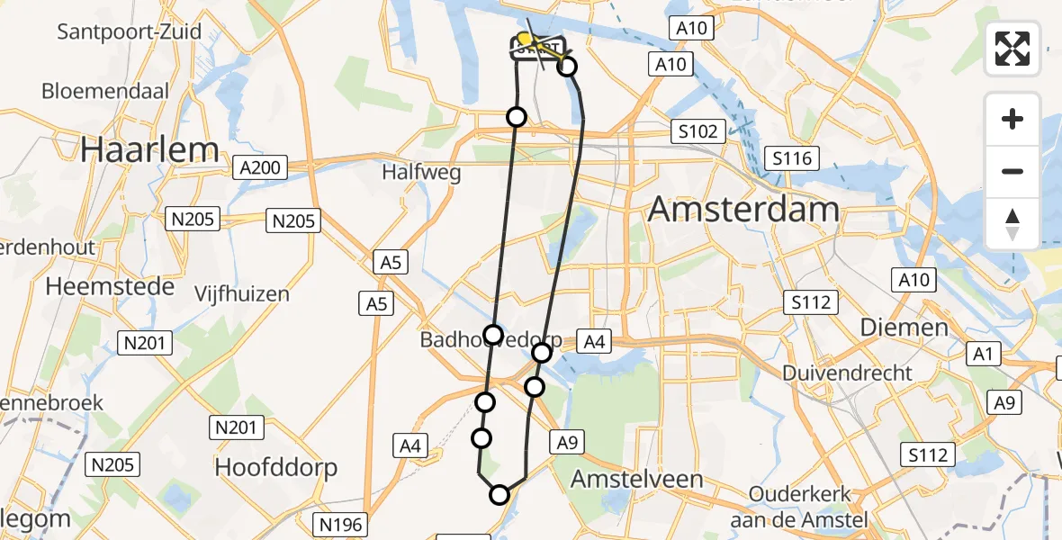 Routekaart van de vlucht: Lifeliner 1 naar Amsterdam Heliport, Amerikahavenweg
