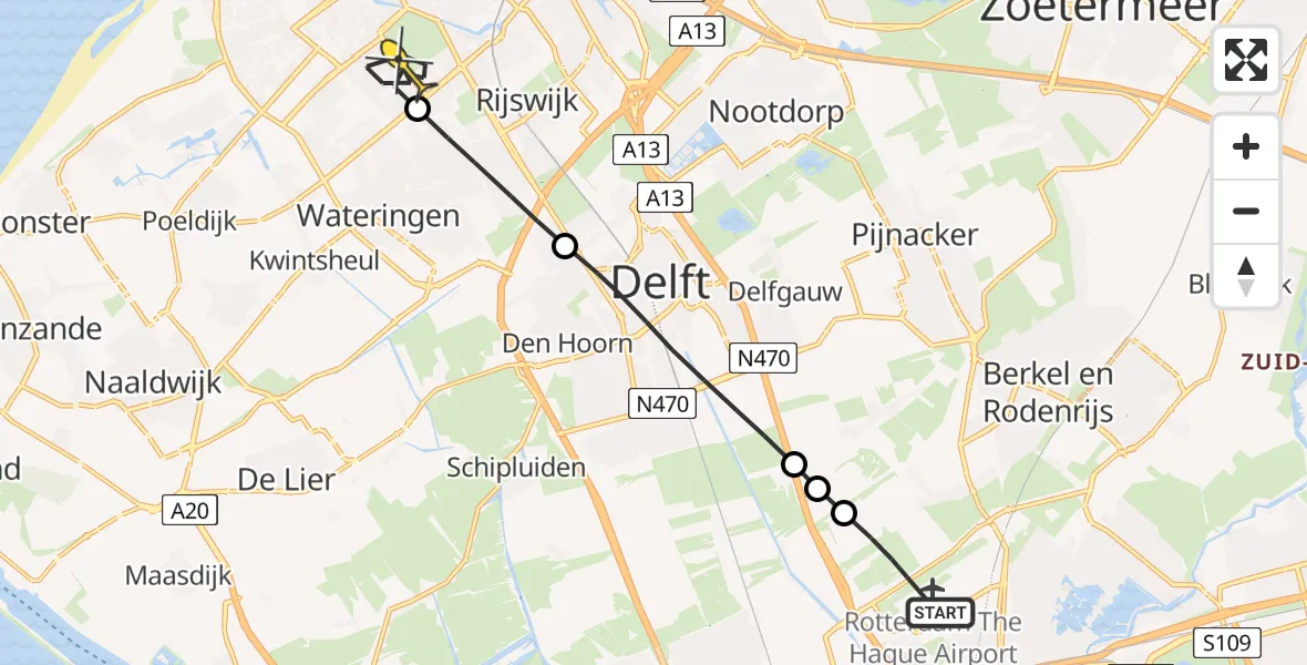 Routekaart van de vlucht: Lifeliner 2 naar Den Haag, Schieveense polder