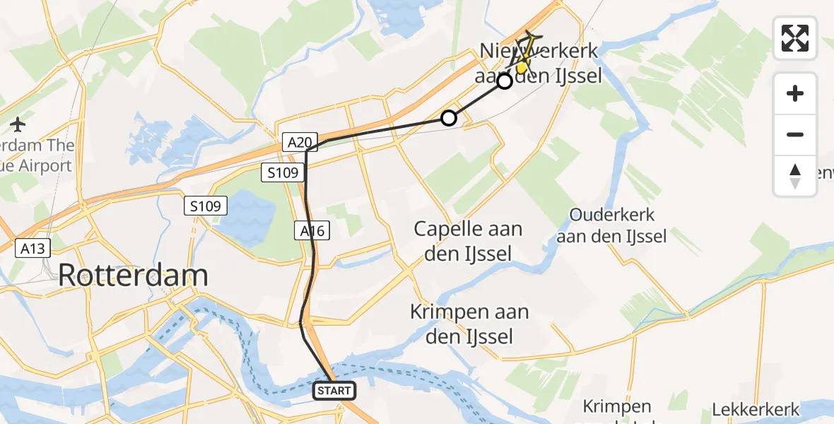 Routekaart van de vlucht: Politieheli naar Nieuwerkerk aan den IJssel, Rotterdam-Kralingen