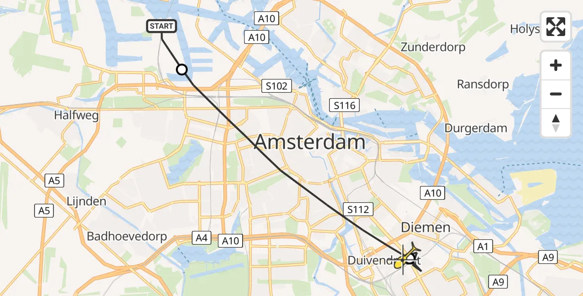 Routekaart van de vlucht: Lifeliner 1 naar Diemen, Corsicaweg
