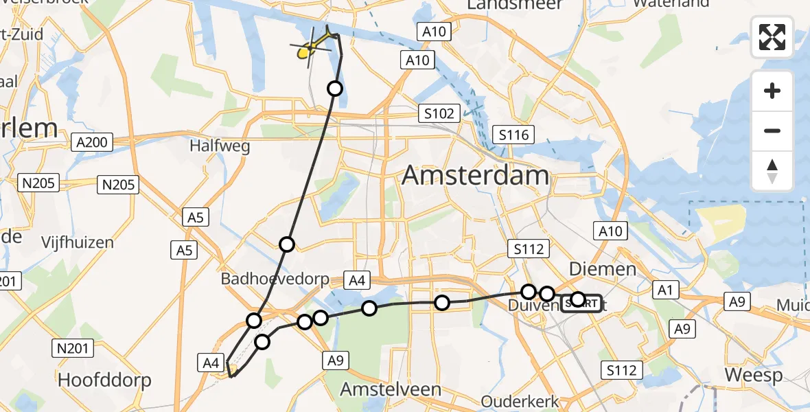 Routekaart van de vlucht: Lifeliner 1 naar Amsterdam Heliport, Joop Geesinkweg