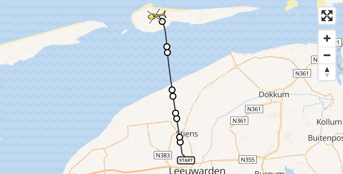 Routekaart van de vlucht: Ambulanceheli naar Ameland Airport Ballum, Keegsdijkje