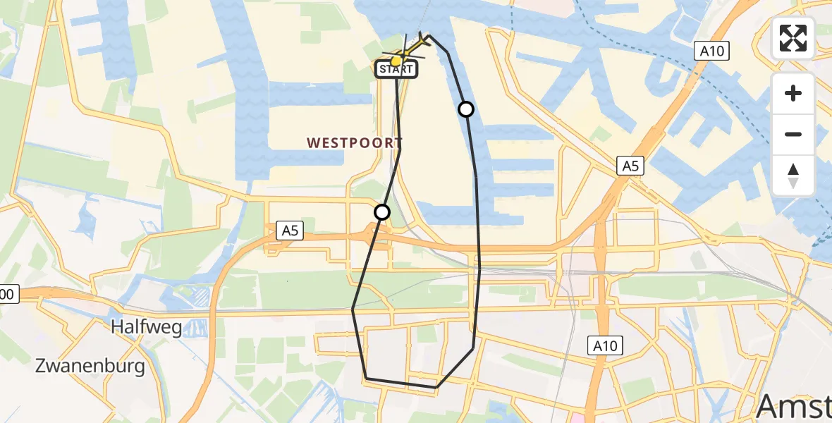Routekaart van de vlucht: Lifeliner 1 naar Amsterdam Heliport, Corsicaweg