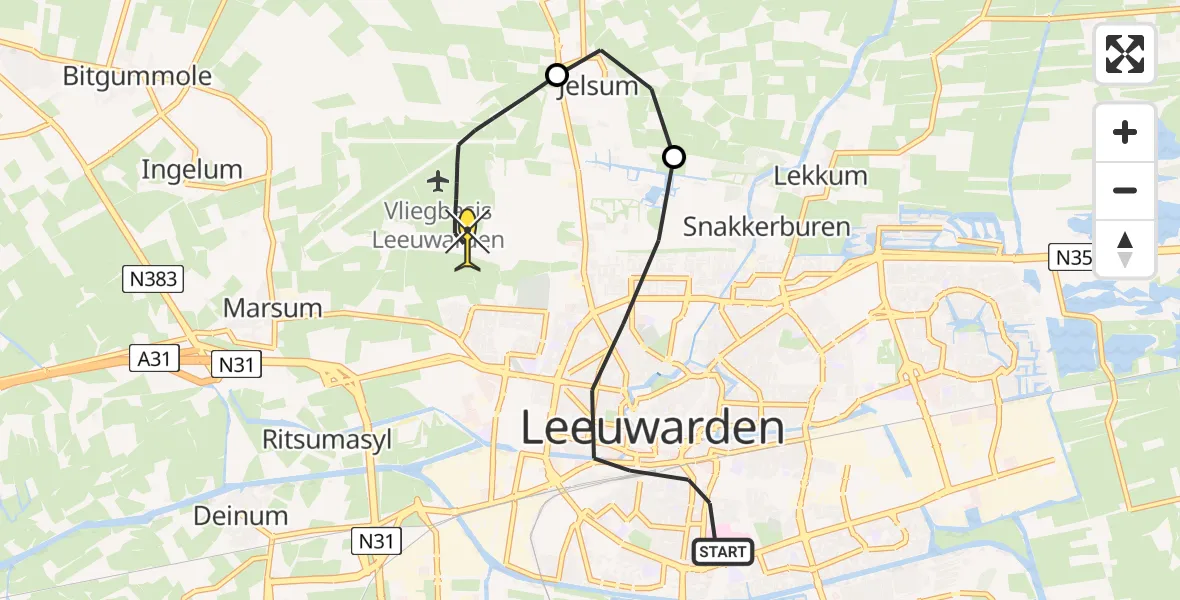 Routekaart van de vlucht: Ambulanceheli naar Vliegbasis Leeuwarden, Zuidersingel
