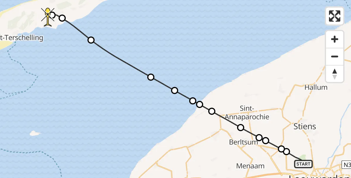 Routekaart van de vlucht: Ambulancehelikopter naar Midsland, Keegsdijkje