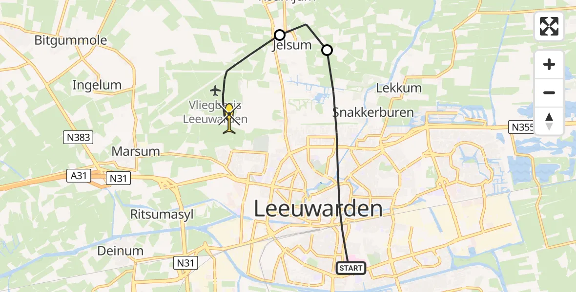 Routekaart van de vlucht: Ambulancehelikopter naar Vliegbasis Leeuwarden, Oude Oosterstraat