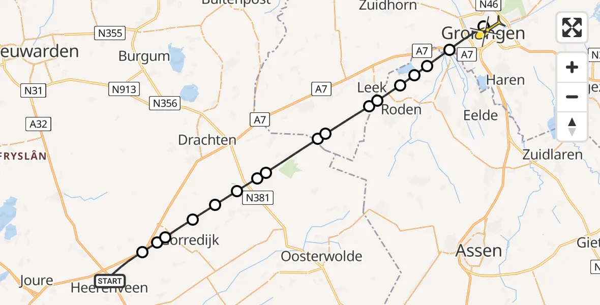 Routekaart van de vlucht: Lifeliner 4 naar Universitair Medisch Centrum Groningen, Venus