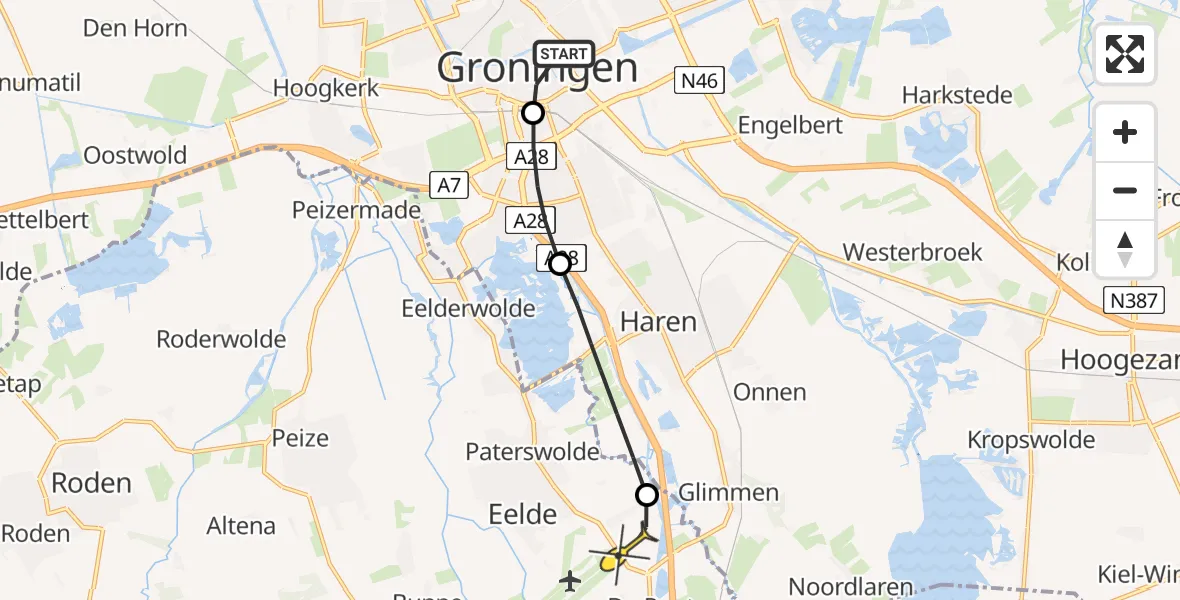 Routekaart van de vlucht: Lifeliner 4 naar Groningen Airport Eelde, Professor H.C. van Hallpad
