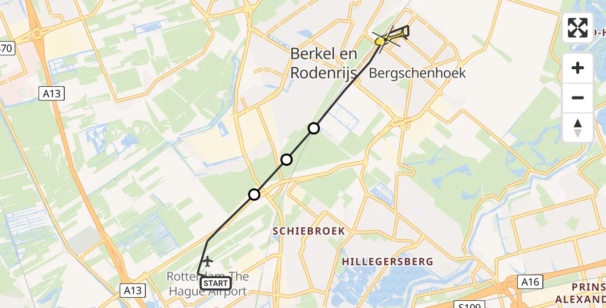 Routekaart van de vlucht: Lifeliner 2 naar Bergschenhoek, Huig Maaskantstraat