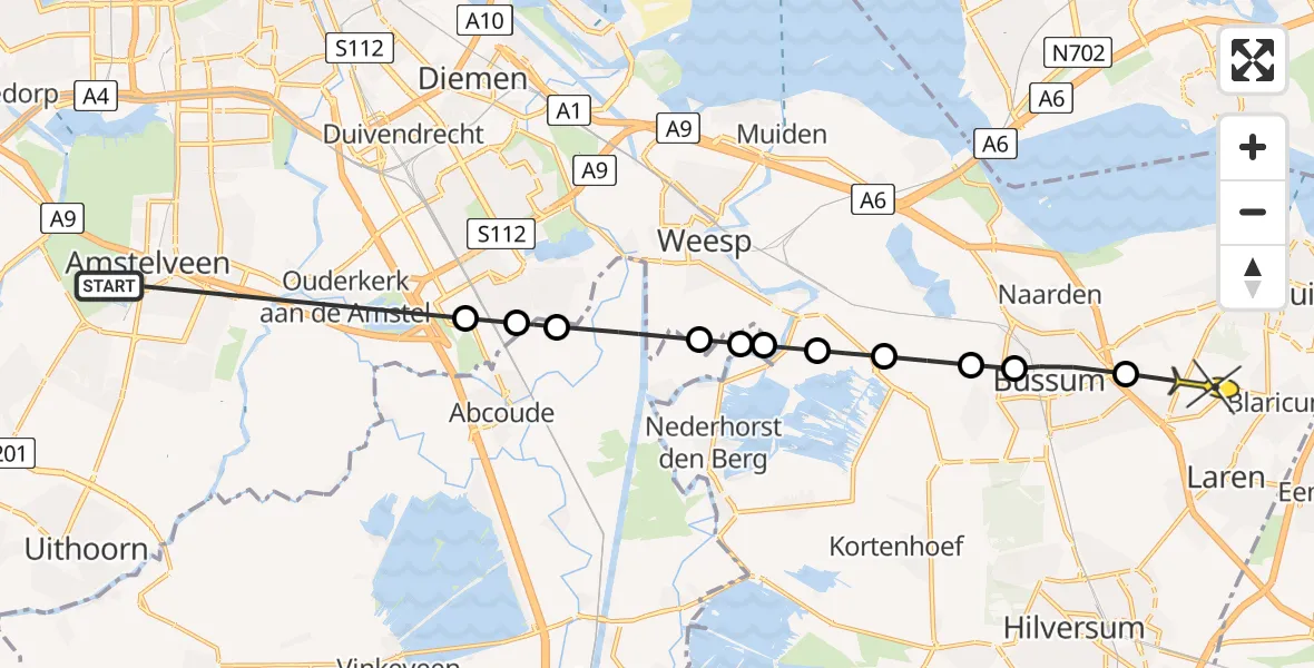 Routekaart van de vlucht: Politieheli naar Blaricum, Meibergdreef
